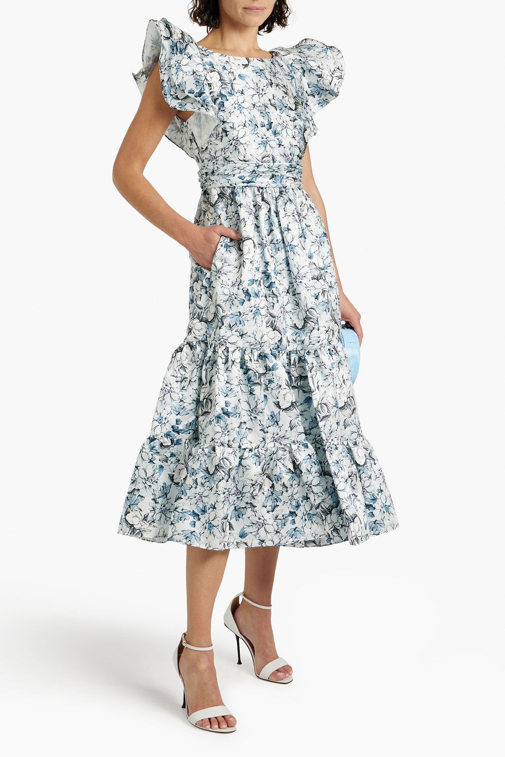BADGLEY MISCHKA Ruffled floral-print satin-twill midi dress