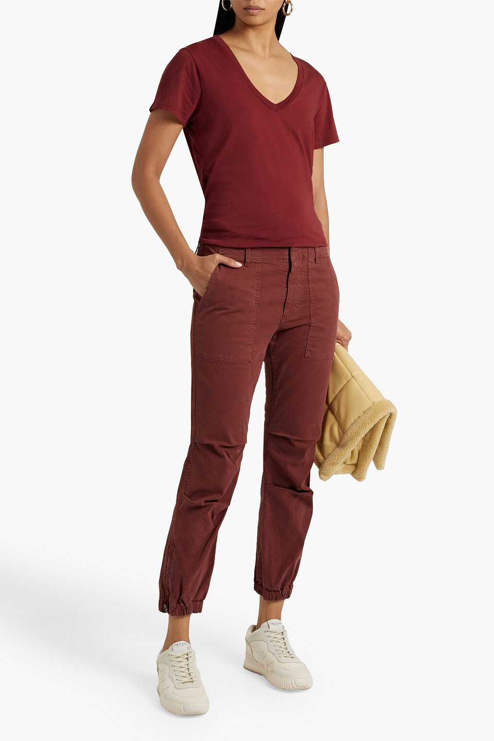 Shop Nili Lotan Cropped Stretch-cotton Twill Tapered Pants In Brick