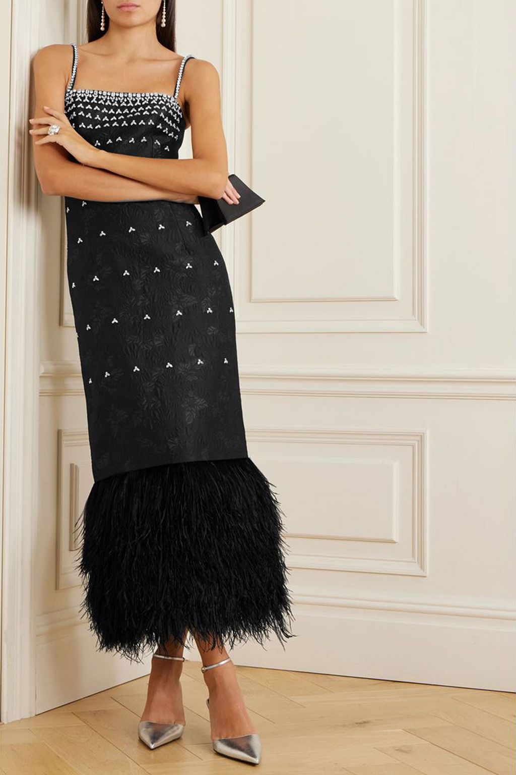 HUISHAN ZHANG Astra feather-trimmed crystal-embellished cloqué midi dress