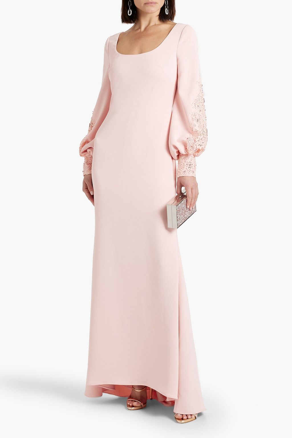 BADGLEY MISCHKA クレープ ロングドレス レーストリム