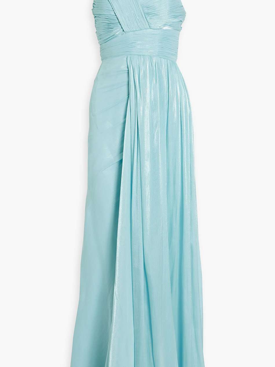 one-shoulder plissé-georgette gown