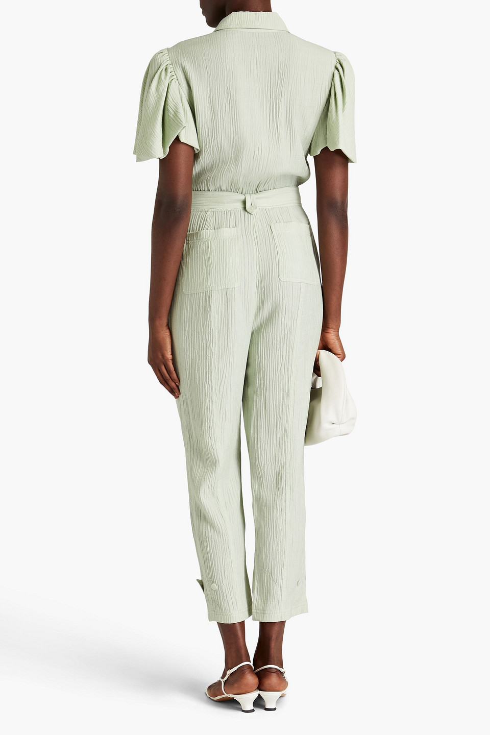 Shop Simkhai Callista Belted Crinkled Lyocell-blend Twill Jumpsuit In Green