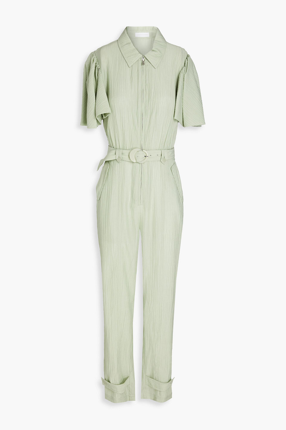 Simkhai Belted Crinkled Lyocell-blend Jumpsuit In Green