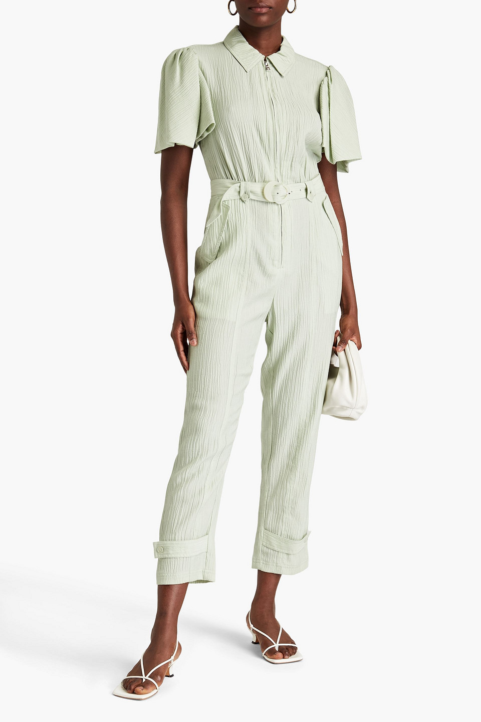 Shop Simkhai Callista Belted Crinkled Lyocell-blend Twill Jumpsuit In Green