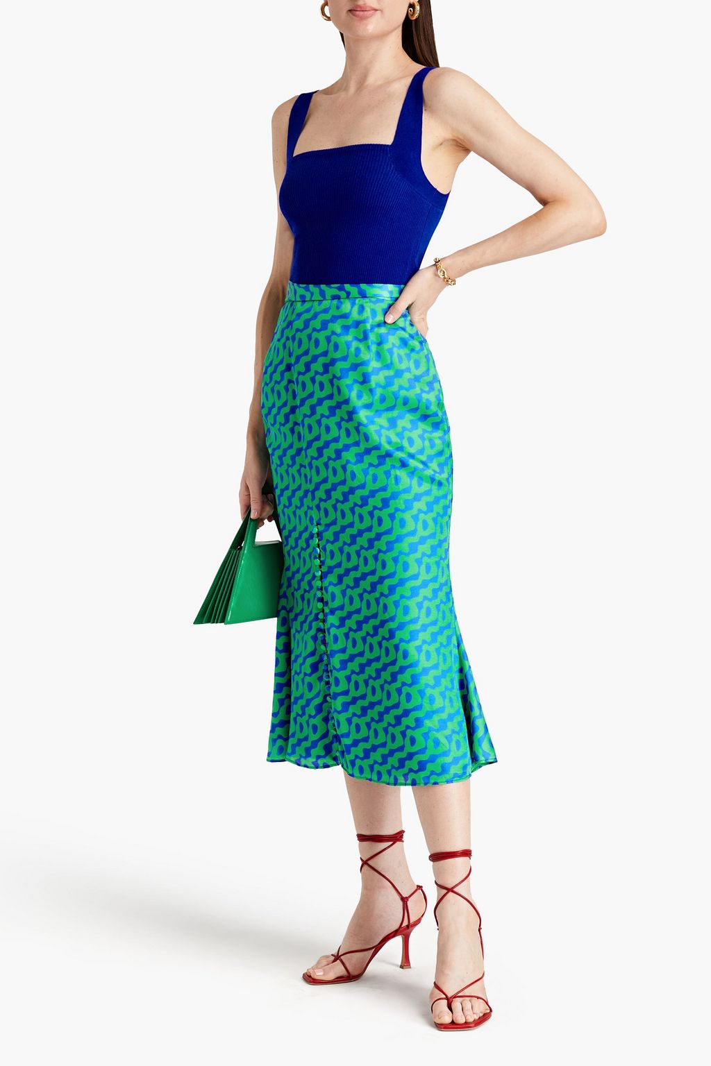 OLIVIA RUBIN Printed satin midi skirt