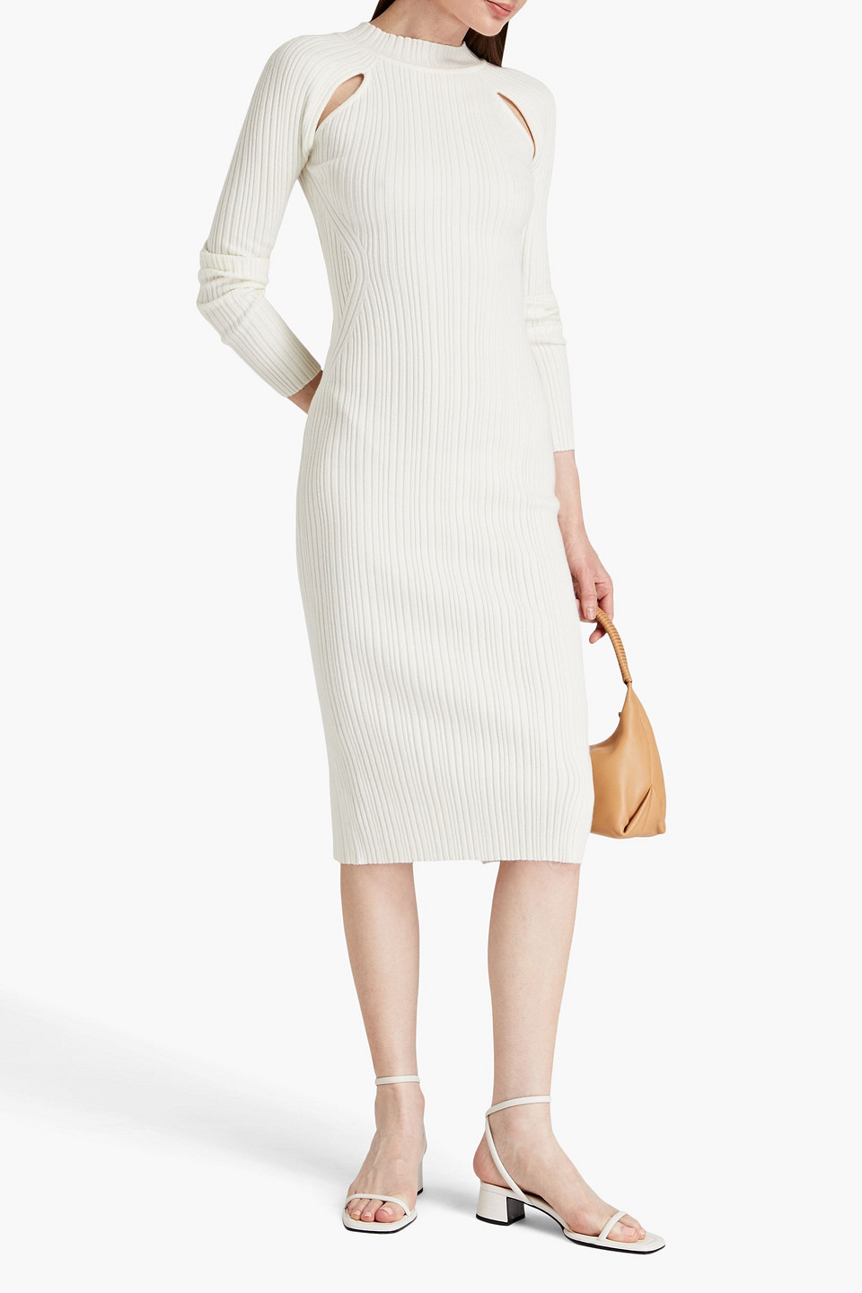 Shop Lvir Cutout Ribbed-knit Midi Dress In Ivory