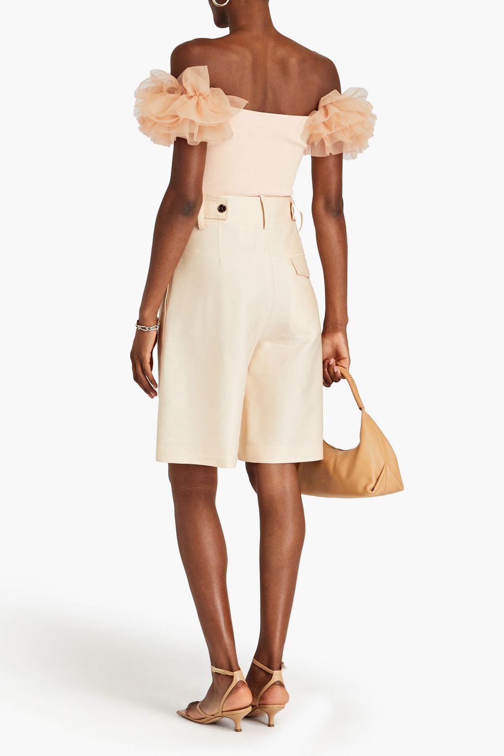 AUTUMN CASHMERE Off-the-shoulder tulle-paneled ribbed jersey top