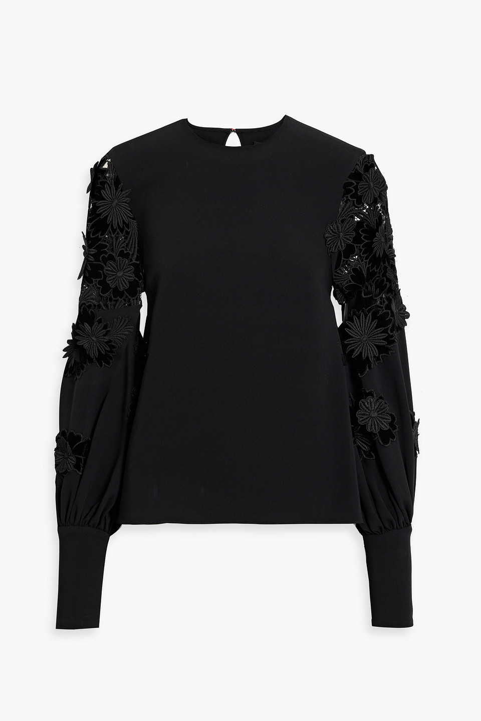 Oscar De La Renta Guipure Lace-paneled Silk-blend Crepe Top In Black