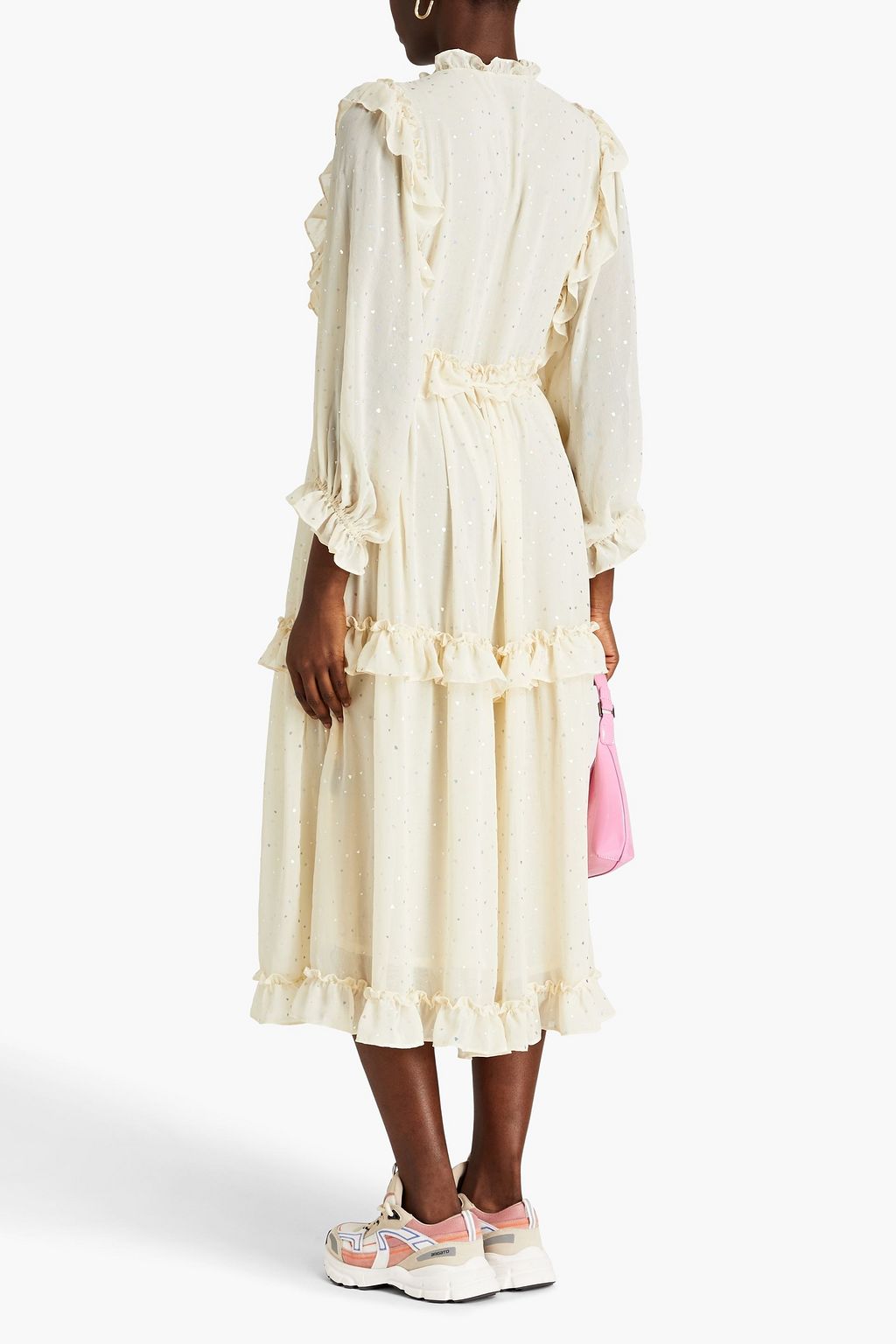 STELLA NOVA Barbara ruffled printed metallic voile midi dress