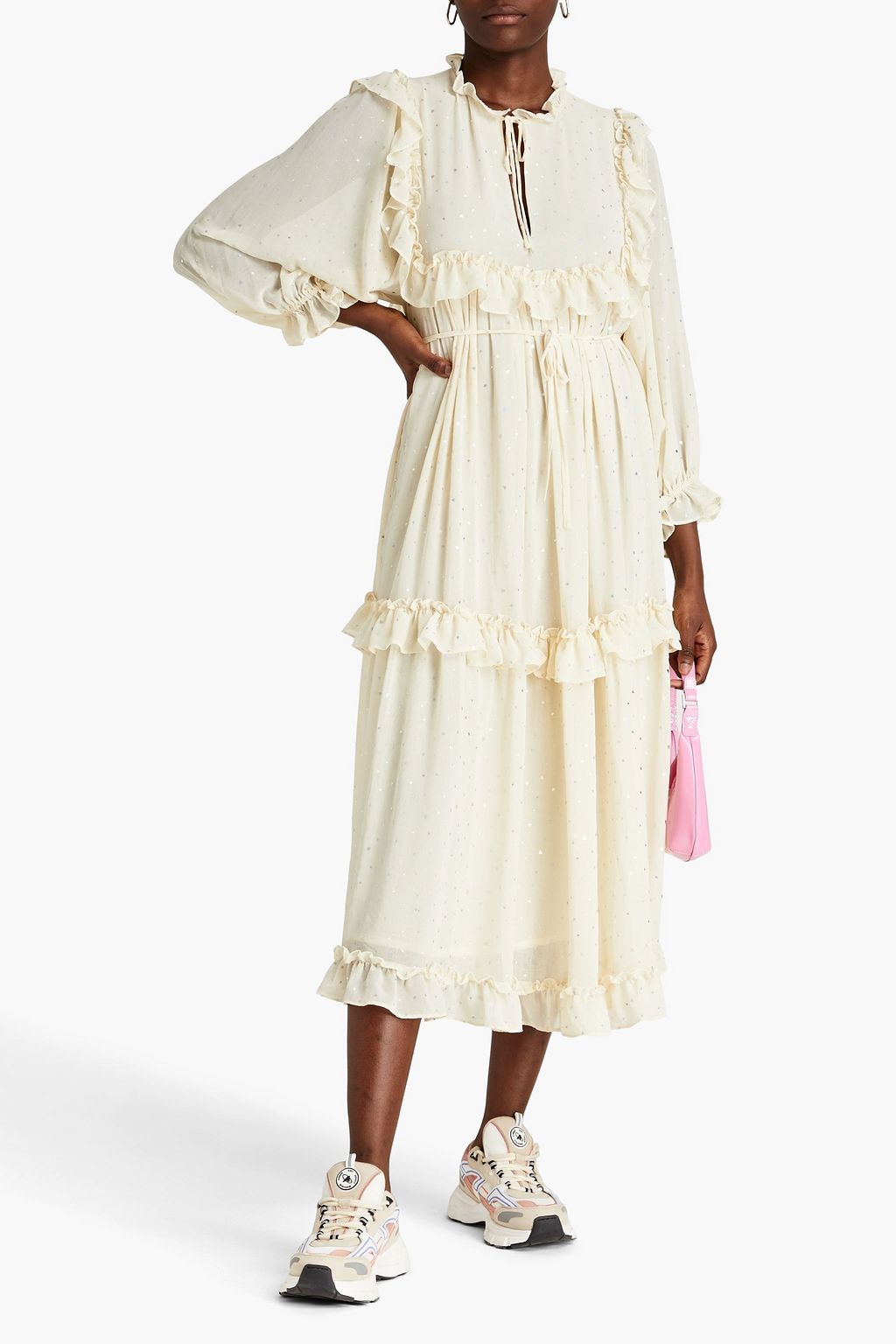 STELLA NOVA Barbara ruffled printed metallic voile midi dress