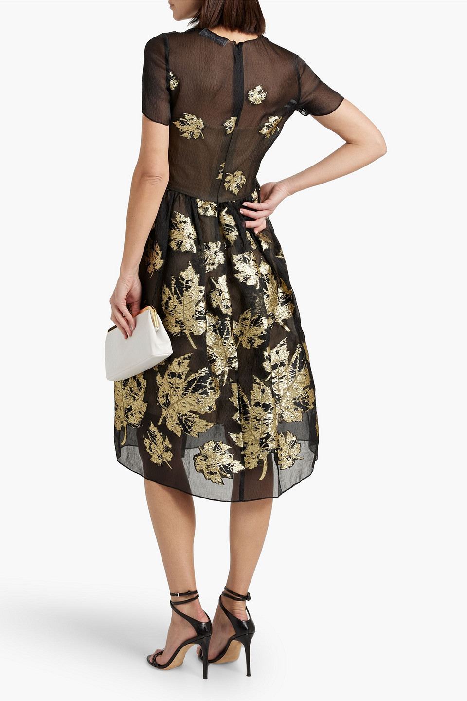 Shop Oscar De La Renta Metallic Silk-blend Organza-jacquard Midi Dress In Black