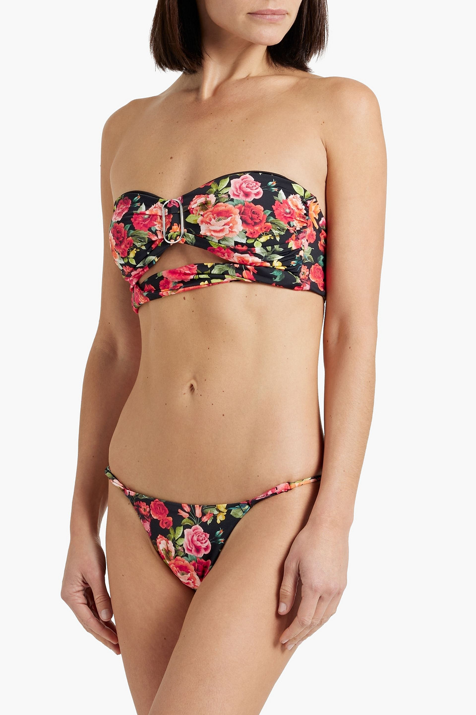 Shop Onia Cutout Floral-print Bandeau Bikini Top In Black