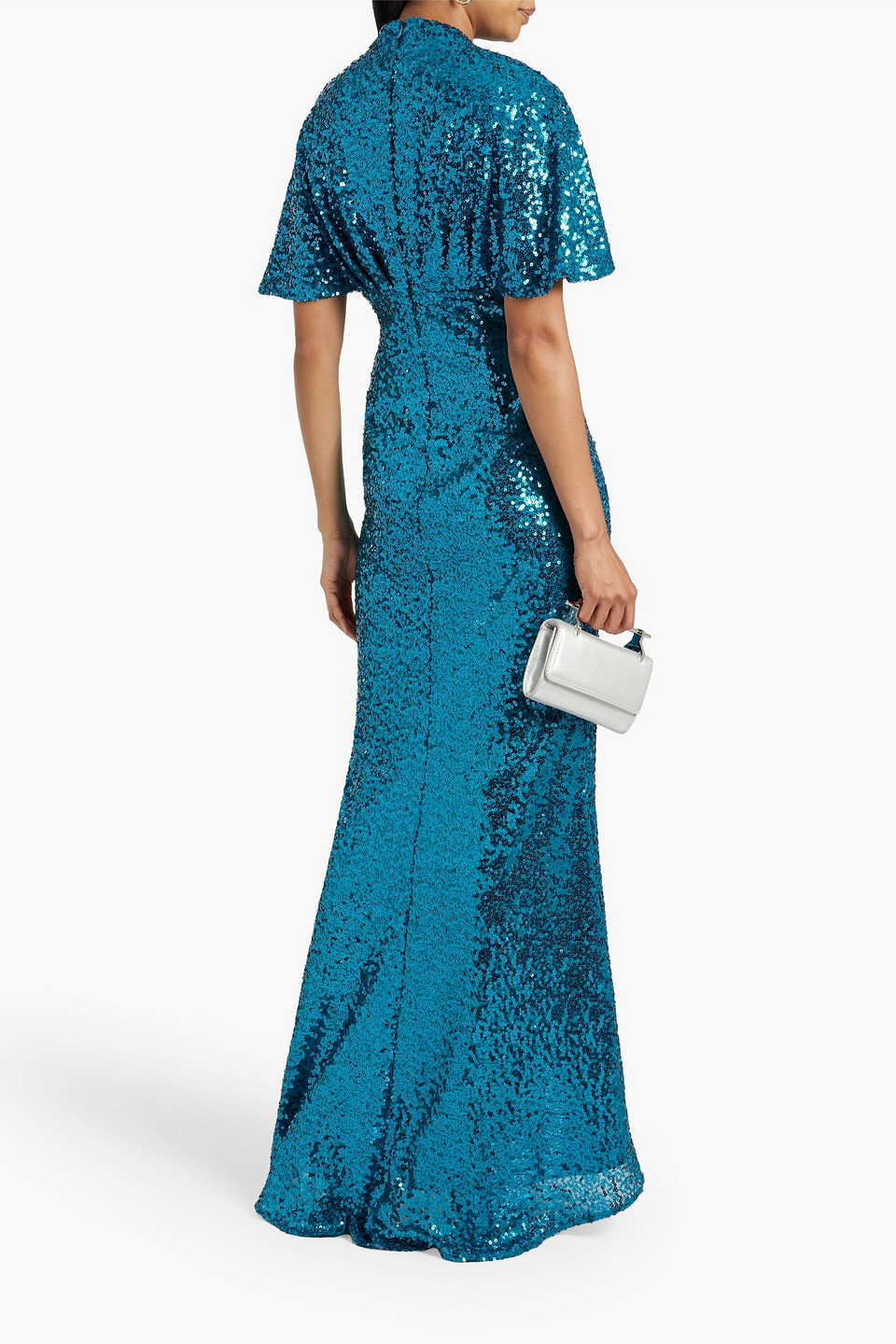 Shop Badgley Mischka Draped Sequined Mesh Gown In Teal