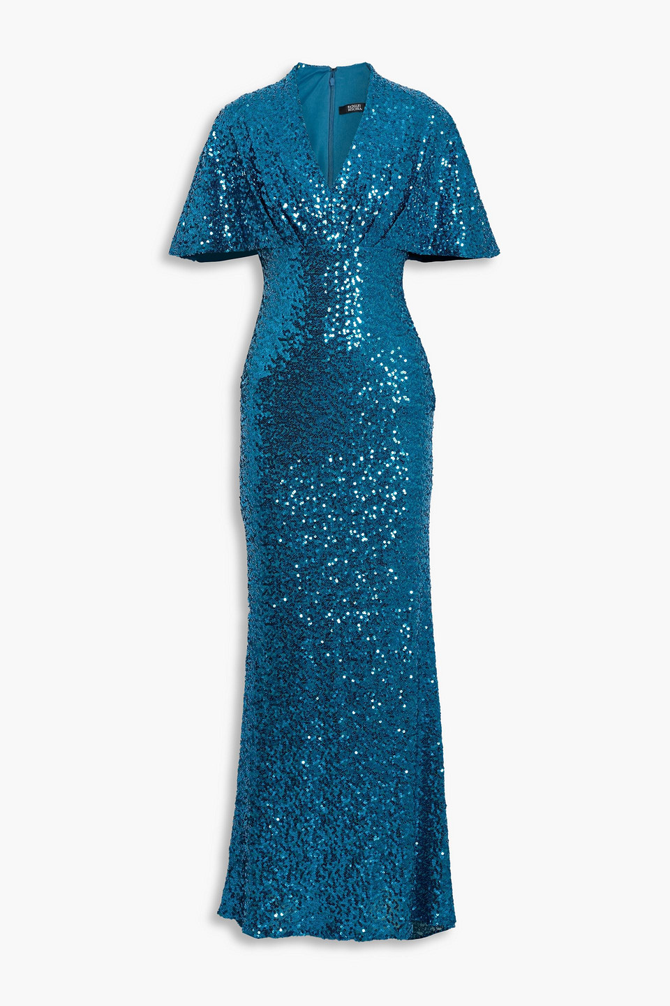 Shop Badgley Mischka Draped Sequined Mesh Gown In Teal