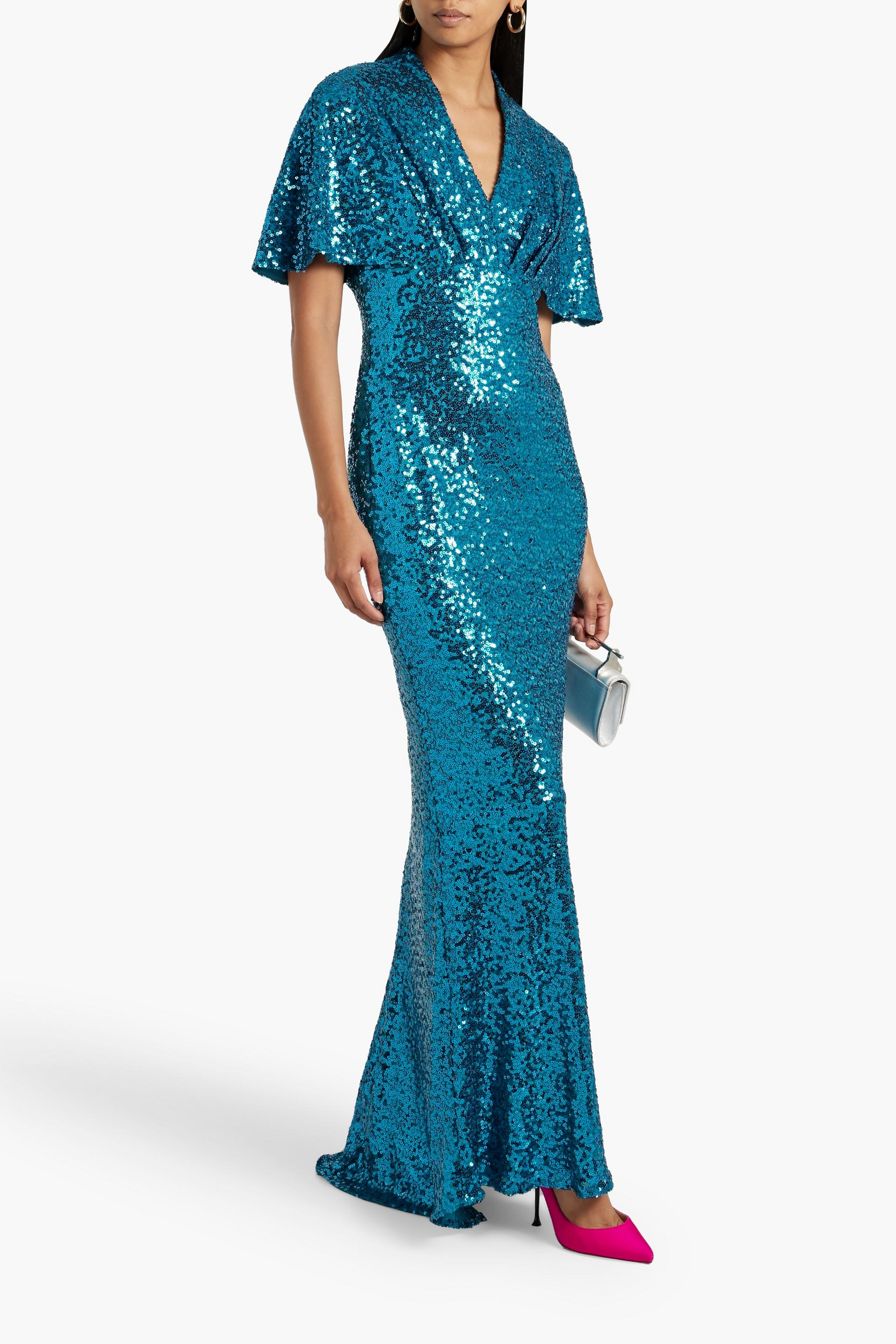 Badgley Mischka Draped sequined mesh gown