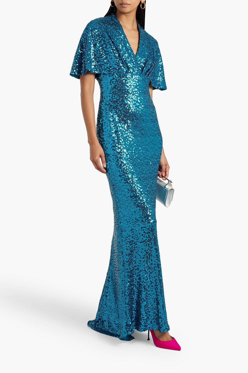 Shop Badgley Mischka Draped Sequined Mesh Gown In Teal