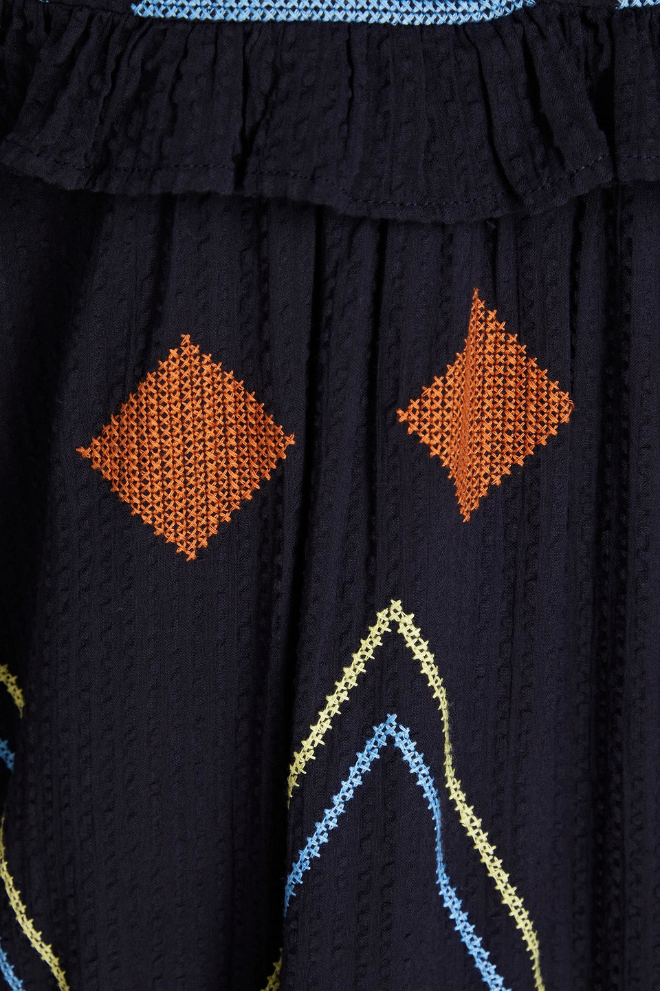 STELLA NOVA ESTHER RUFFLED EMBROIDERED SEERSUCKER MIDI DRESS