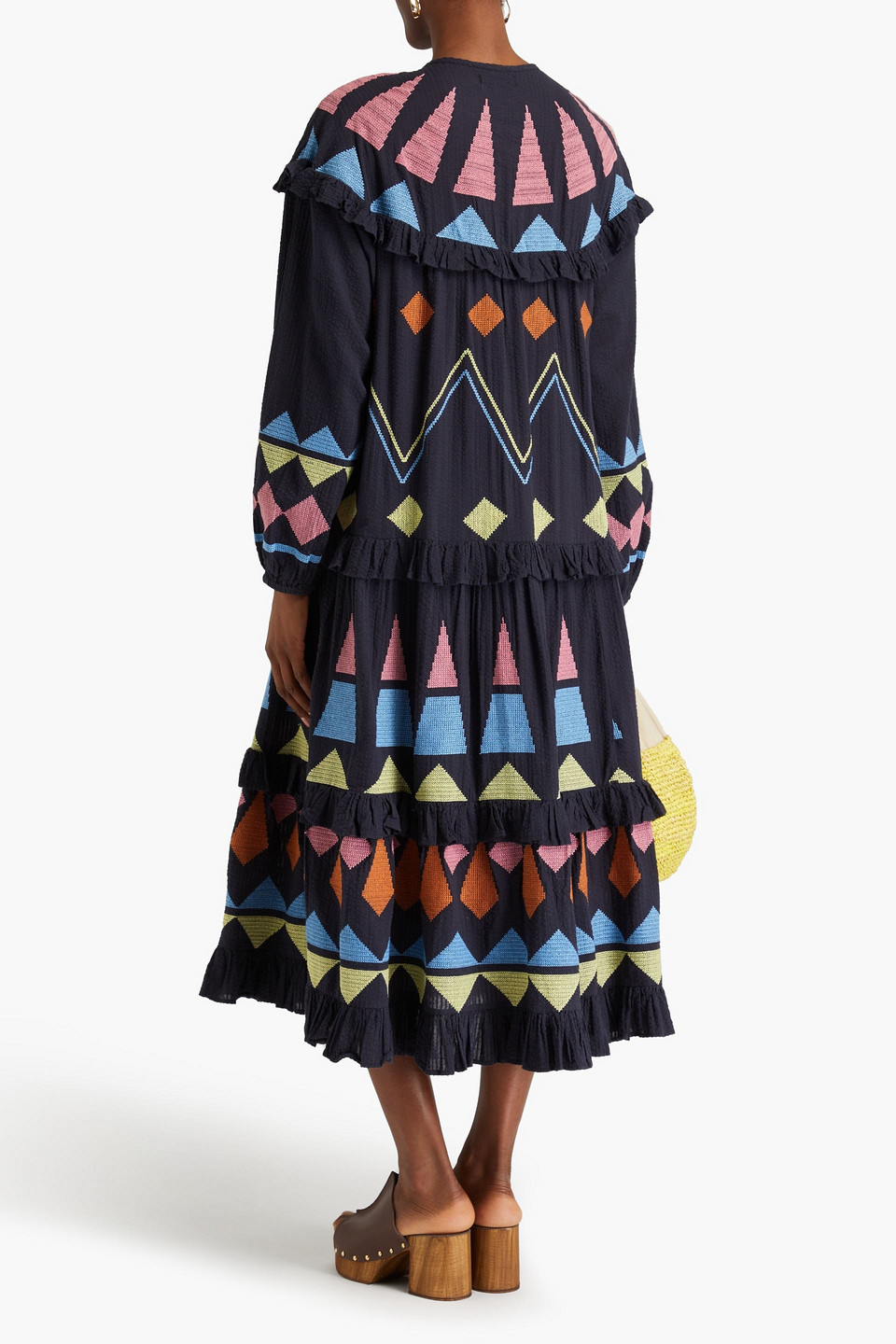 STELLA NOVA ESTHER RUFFLED EMBROIDERED SEERSUCKER MIDI DRESS