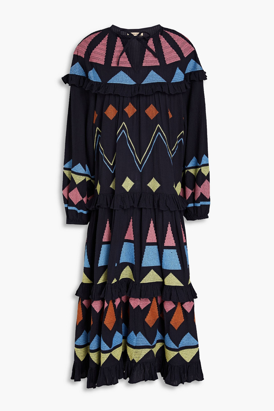 STELLA NOVA ESTHER RUFFLED EMBROIDERED SEERSUCKER MIDI DRESS