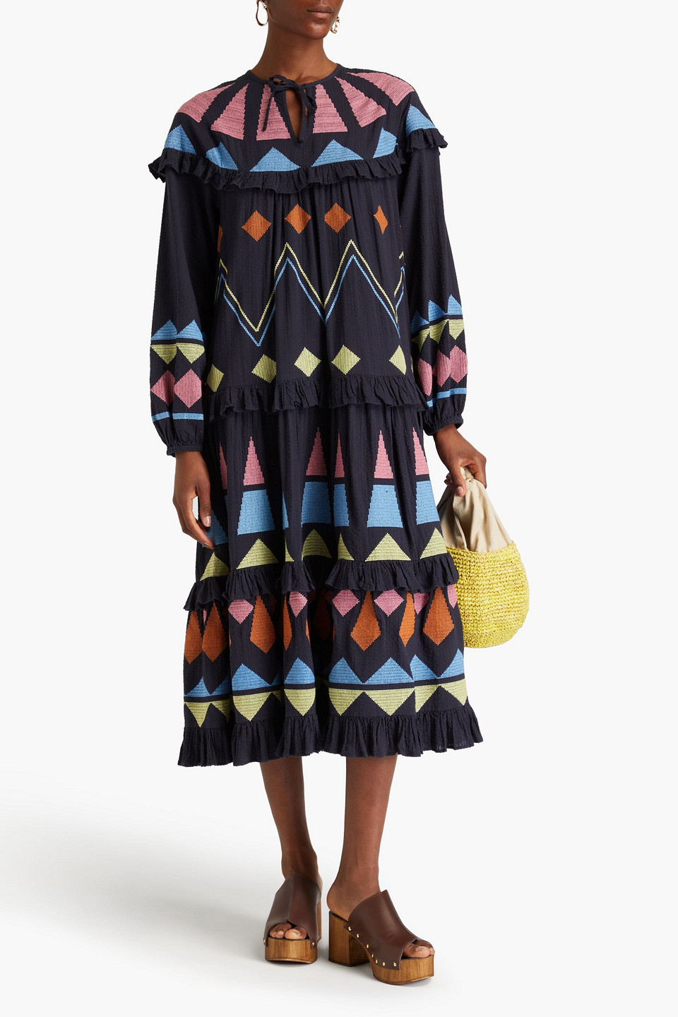 STELLA NOVA ESTHER RUFFLED EMBROIDERED SEERSUCKER MIDI DRESS