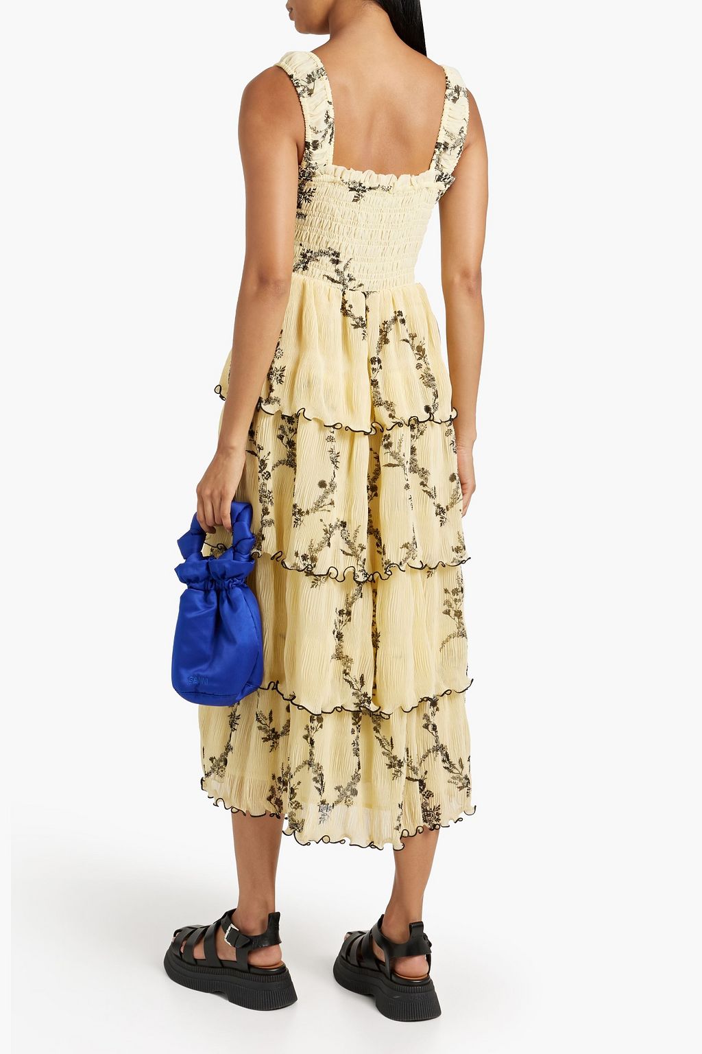 GANNI Tiered floral-print plissé-chiffon midi dress