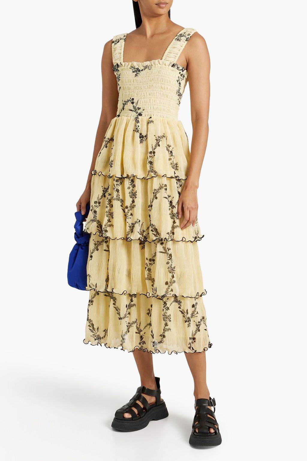 GANNI Tiered floral-print plissé-chiffon midi dress