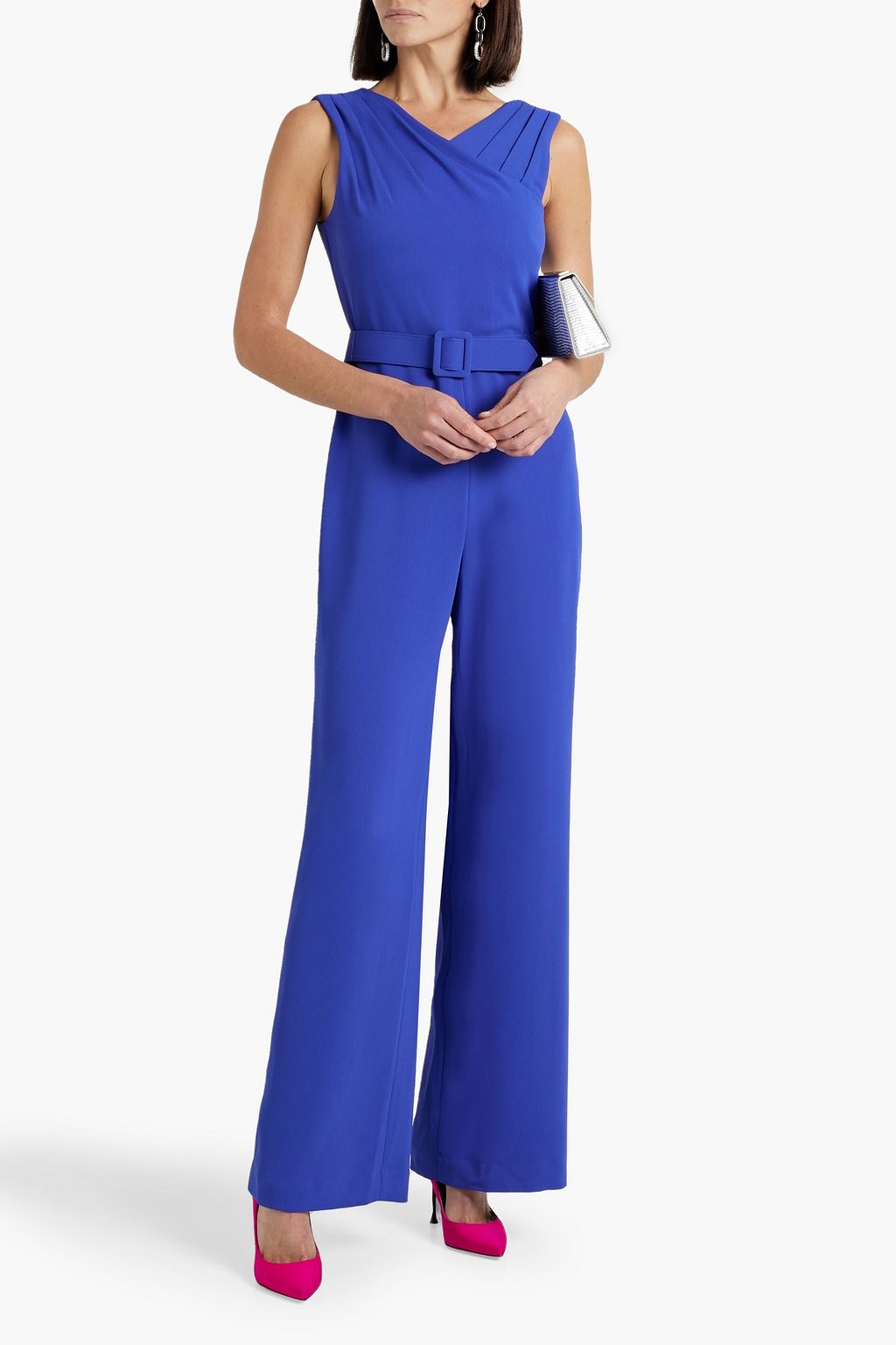 BADGLEY MISCHKA Belted pleated crepe jumpsuit | THE OUTNET