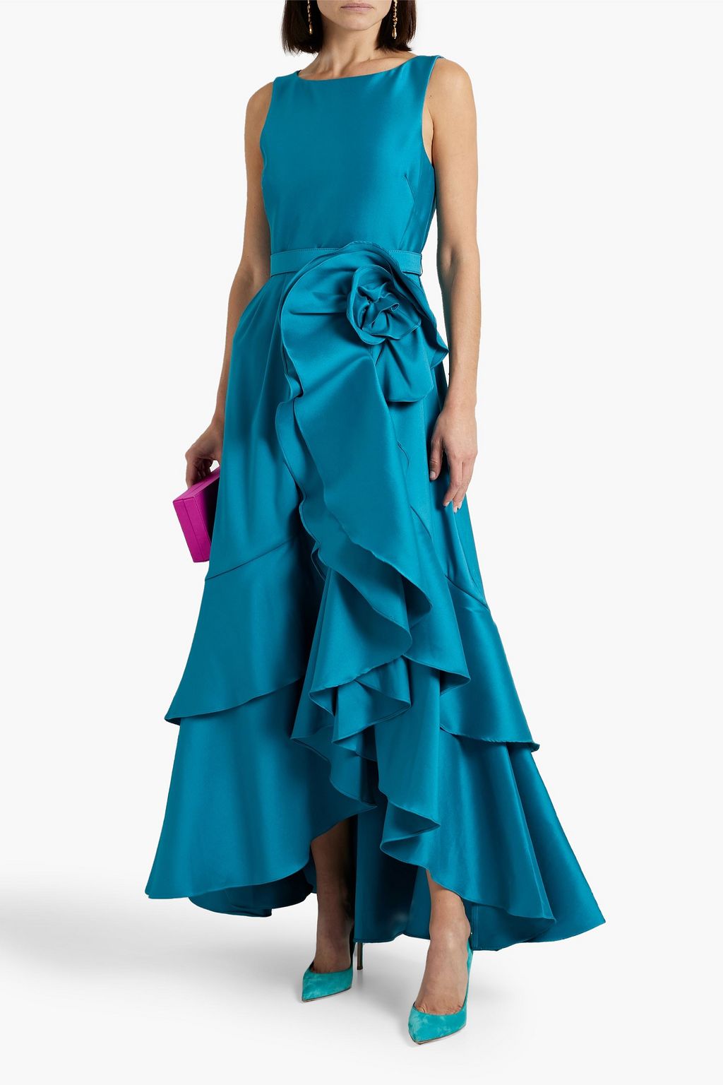 BADGLEY MISCHKA ダッチェスサテン ロングドレス ラッフル付き