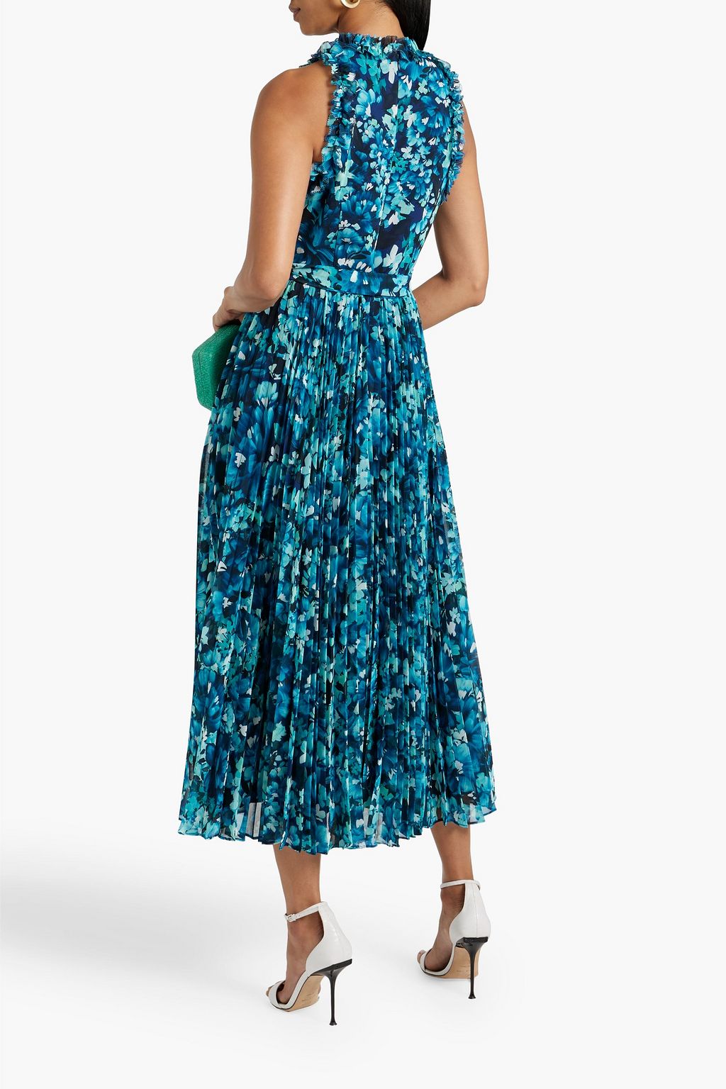 BADGLEY MISCHKA Pleated floral-print chiffon midi dress