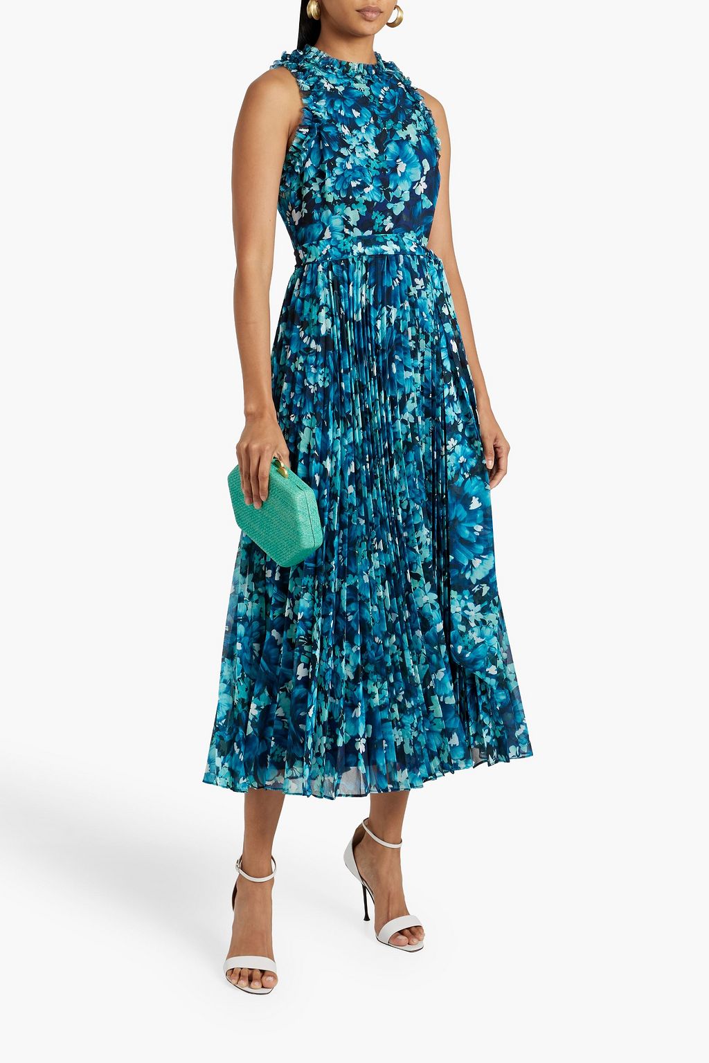 BADGLEY MISCHKA Pleated floral-print chiffon midi dress