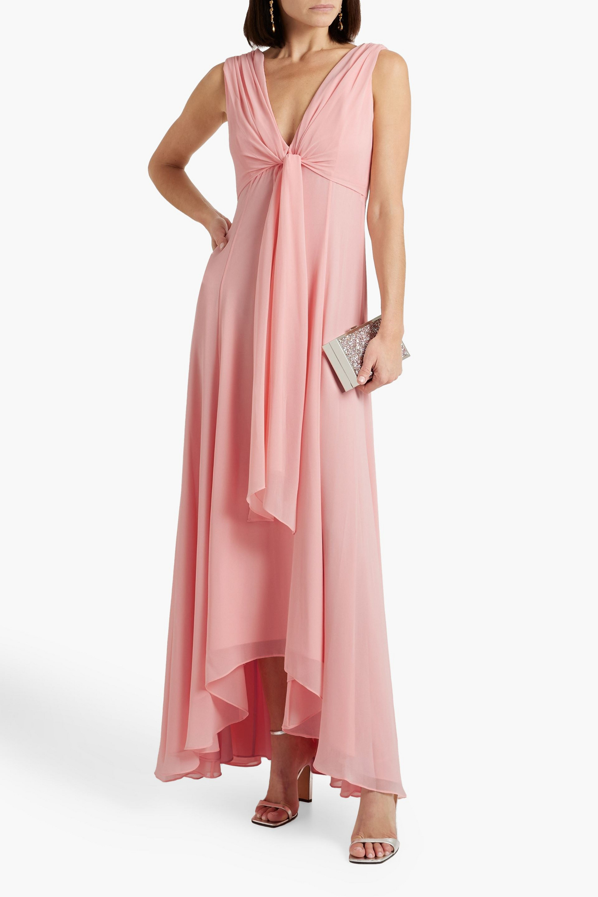 Badgley Mischka Asymmetric draped chiffon gown