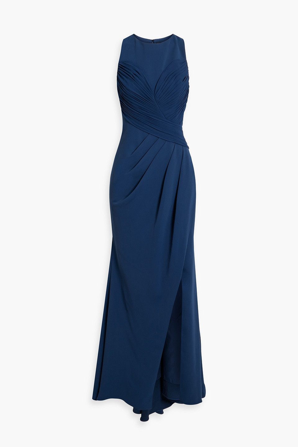 Badgley Mischka Pleated Crepe Gown In Indigo