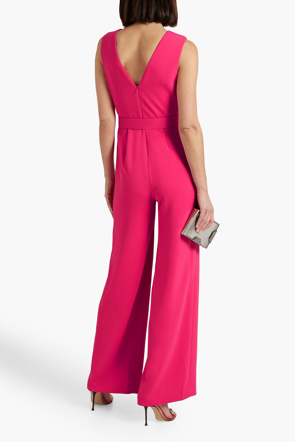 Shop Badgley Mischka Belted Pleated Crepe Jumpsuit In Fuchsia