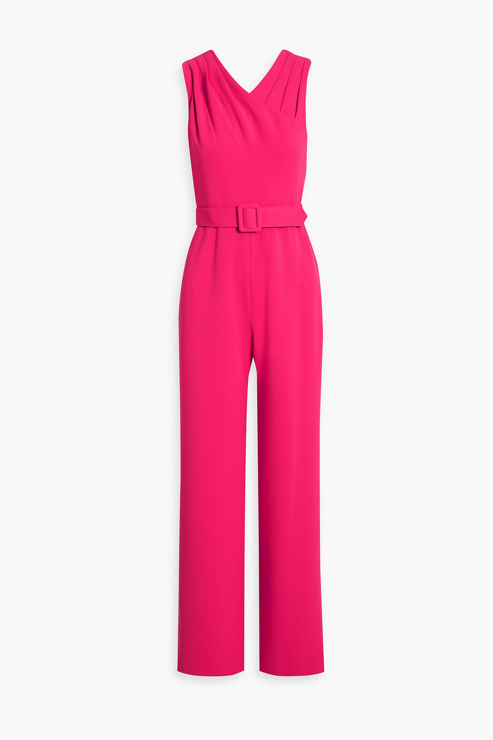 Badgley Mischka Belted Pleated Crepe Jumpsuit In Fuchsia