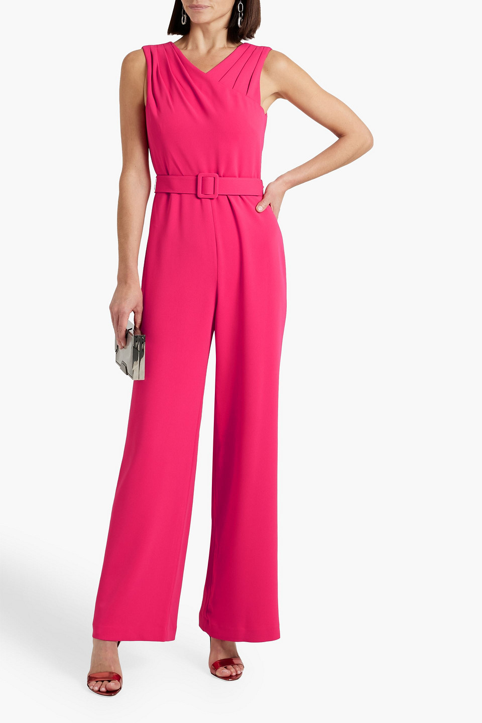 Shop Badgley Mischka Belted Pleated Crepe Jumpsuit In Fuchsia