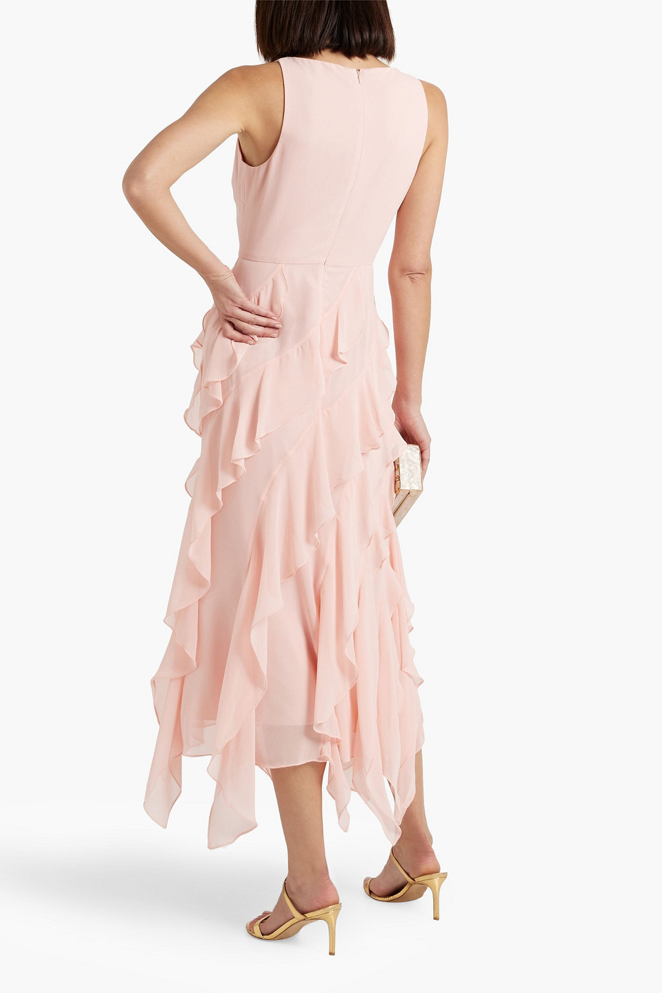 Shop Badgley Mischka Ruffled Chiffon Midi Dress In Baby Pink