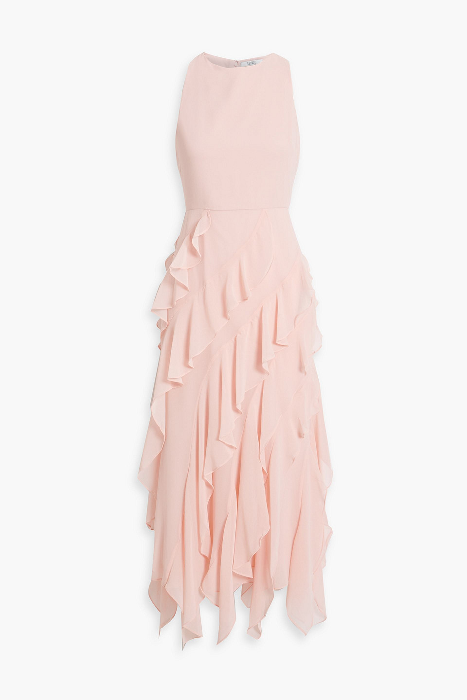 Badgley Mischka Ruffled Chiffon Midi Dress In Baby Pink