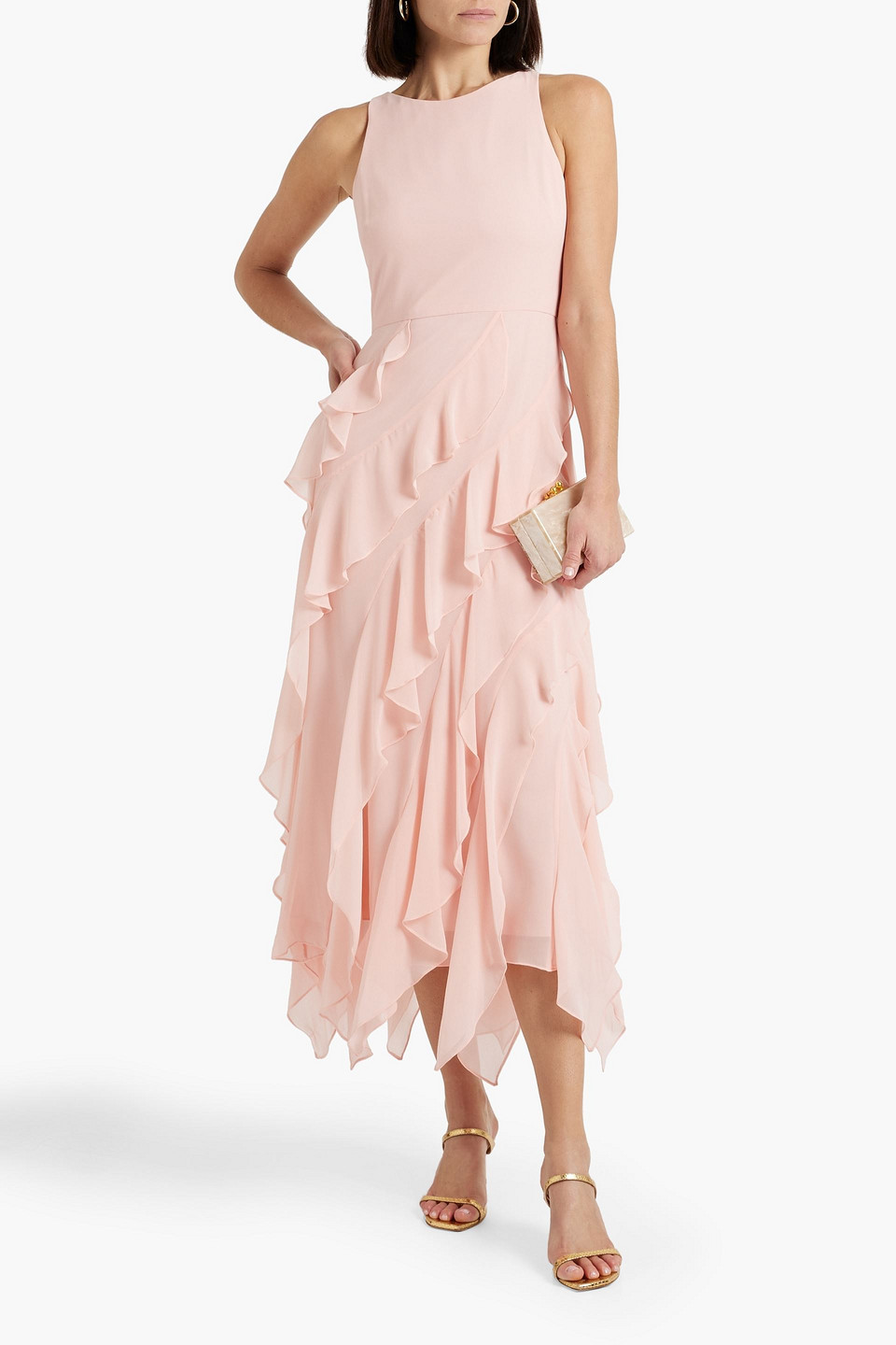 Shop Badgley Mischka Ruffled Chiffon Midi Dress In Baby Pink