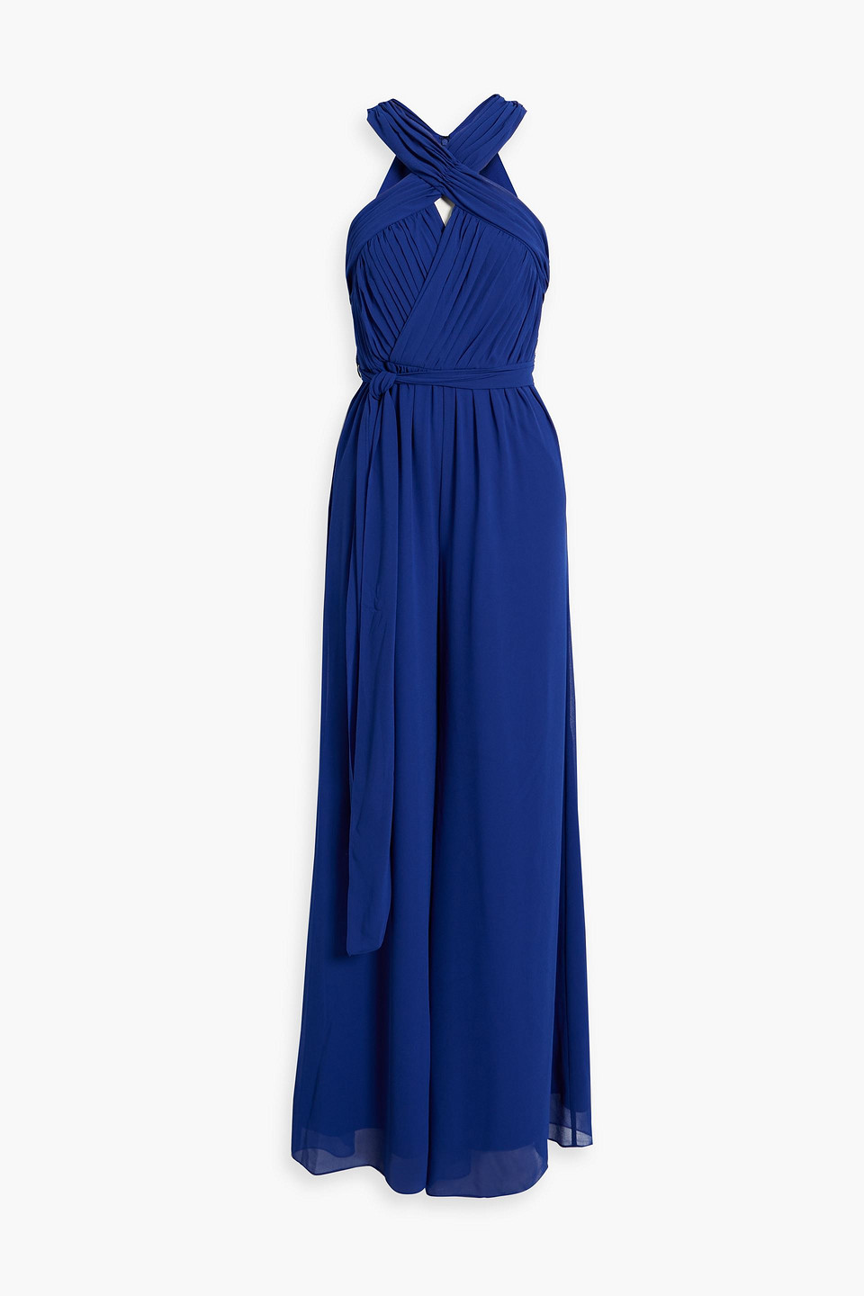 Shop Badgley Mischka Crossover Pleated Chiffon Wide-leg Jumpsuit In Royal Blue