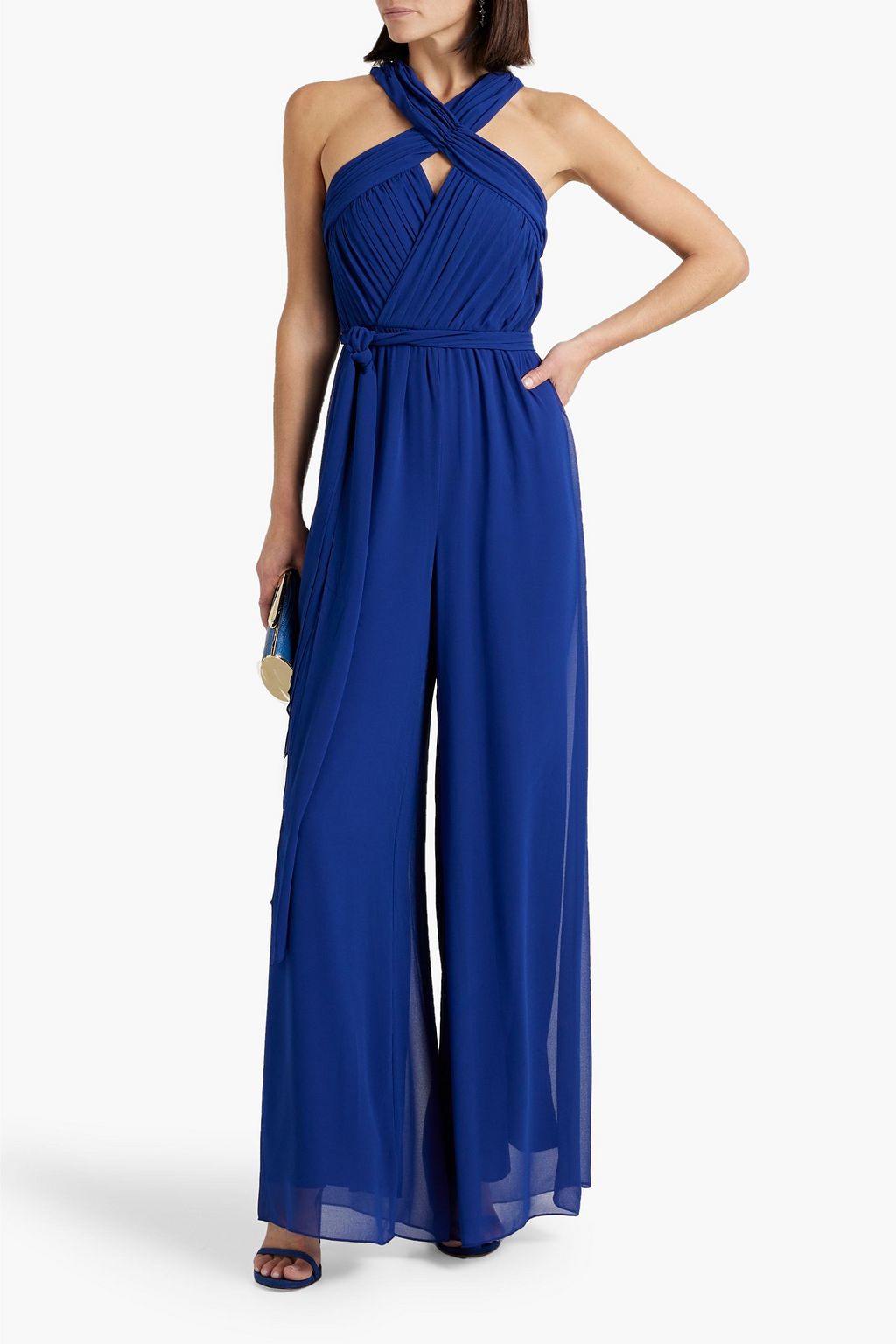 BADGLEY MISCHKA Crossover pleated chiffon wide-leg jumpsuit | THE OUTNET