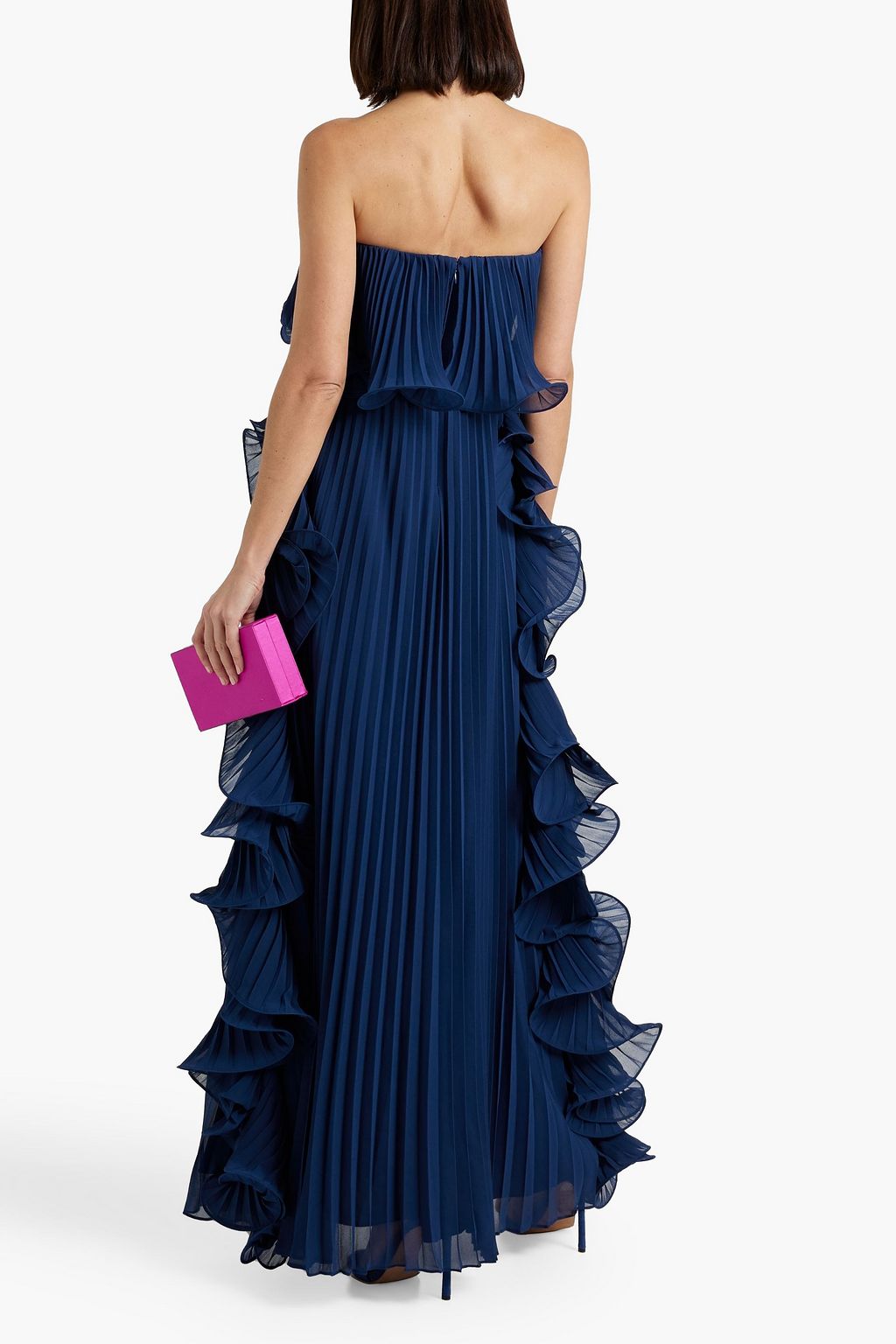 BADGLEY MISCHKA فستان سهرة بدون حمالات من الشيفون بتصميم مكشكش مزين بكسرات