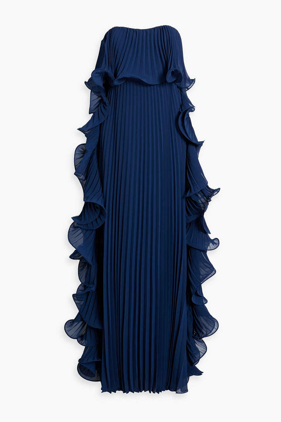 Badgley Mischka - Strapless ruffled pleated chiffon gown - Blue