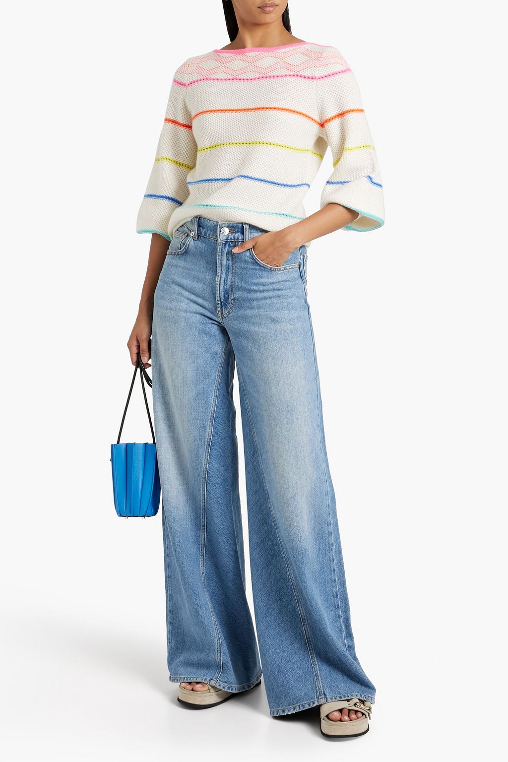 AUTUMN CASHMERE Striped pointelle-knit cashmere sweater
