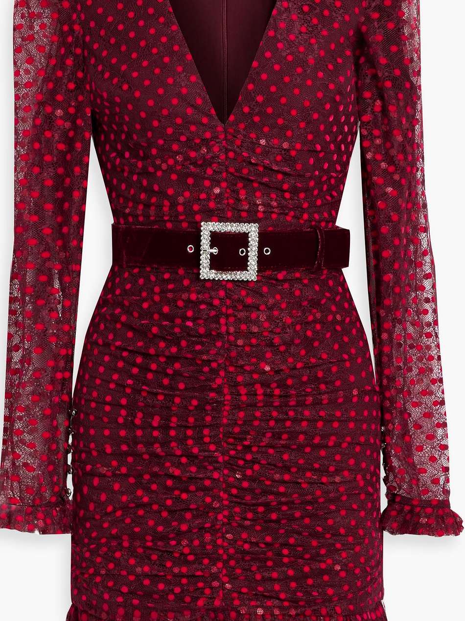 midnight kiss belted flocked lace mini dress