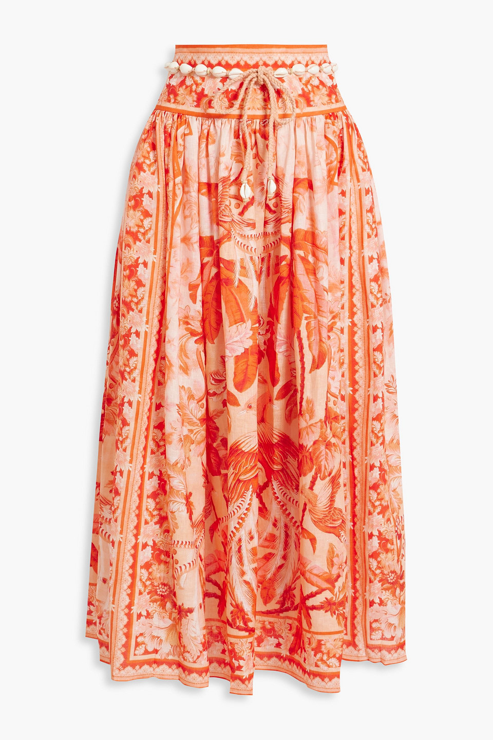 Zimmermann Belted Printed Linen Midi Skirt In Coral
