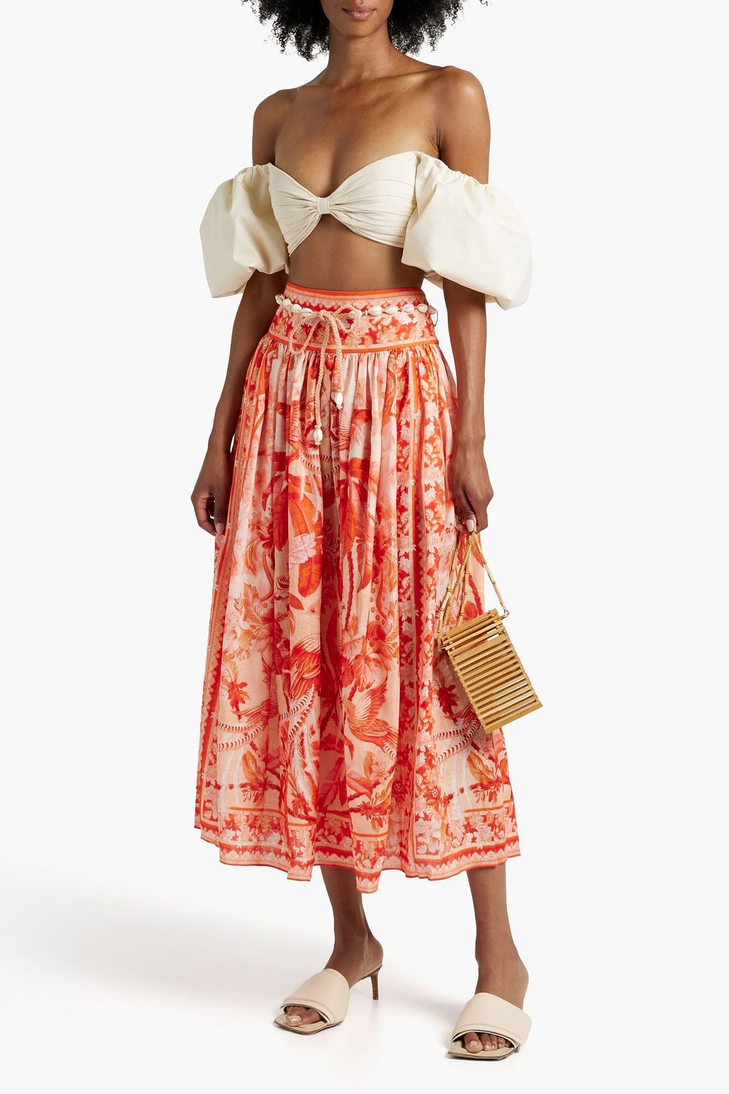 ZIMMERMANN Belted printed linen midi skirt