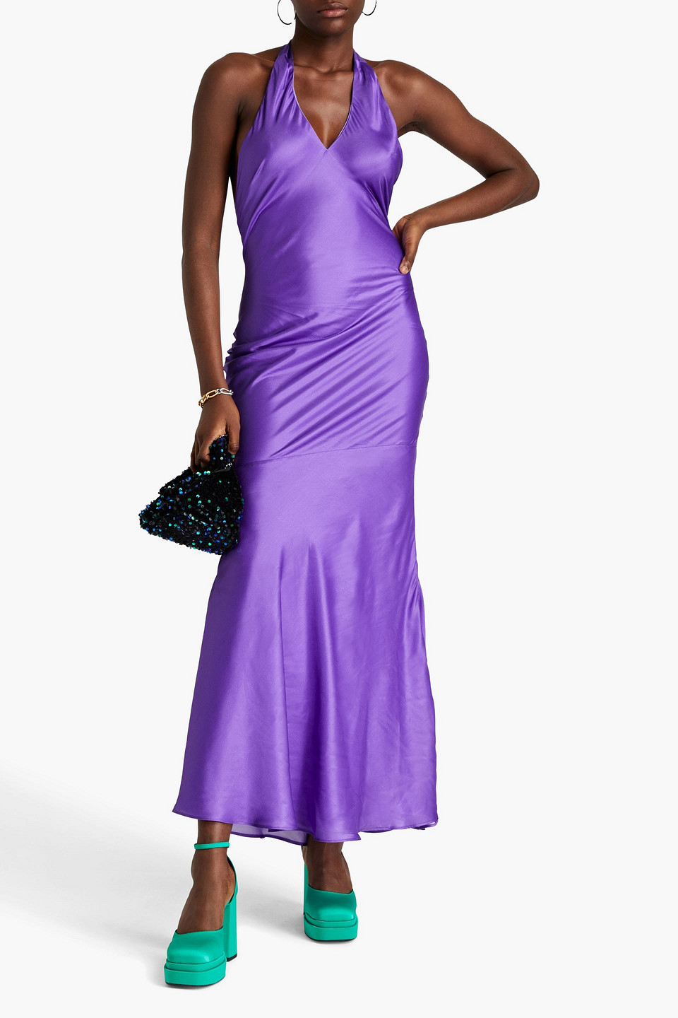 OLIVIA RUBIN COLLEEN OPEN-BACK SATIN-CREPE HALTERNECK MAXI DRESS