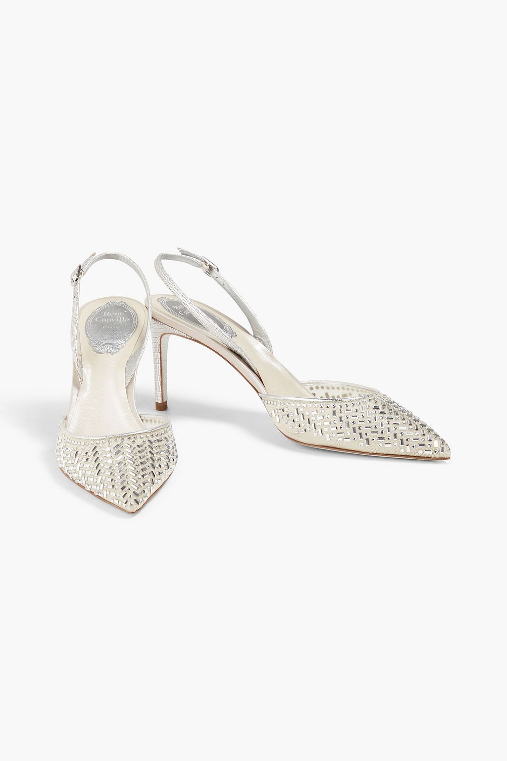 RENE' CAOVILLA Nia mesh and lizard-effect leather slingback pumps