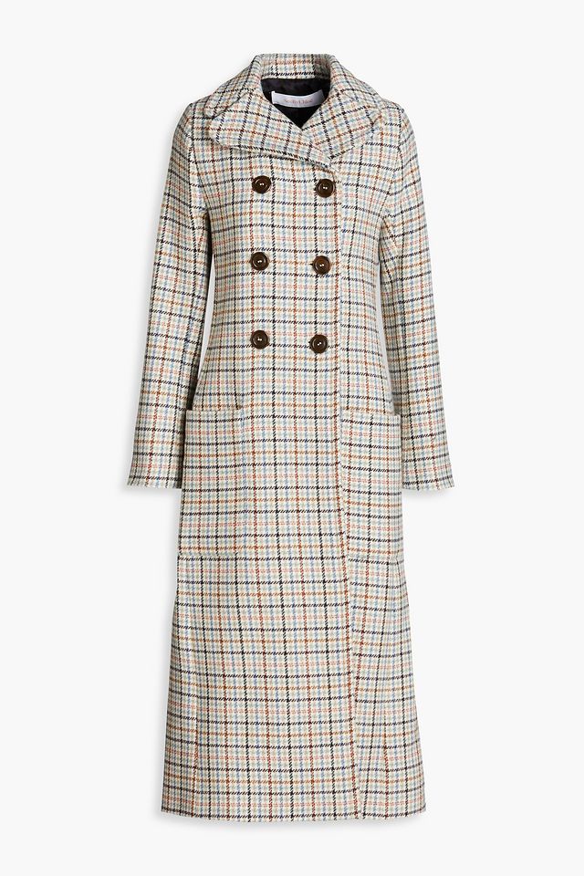 Double-breasted checked wool-blend coat