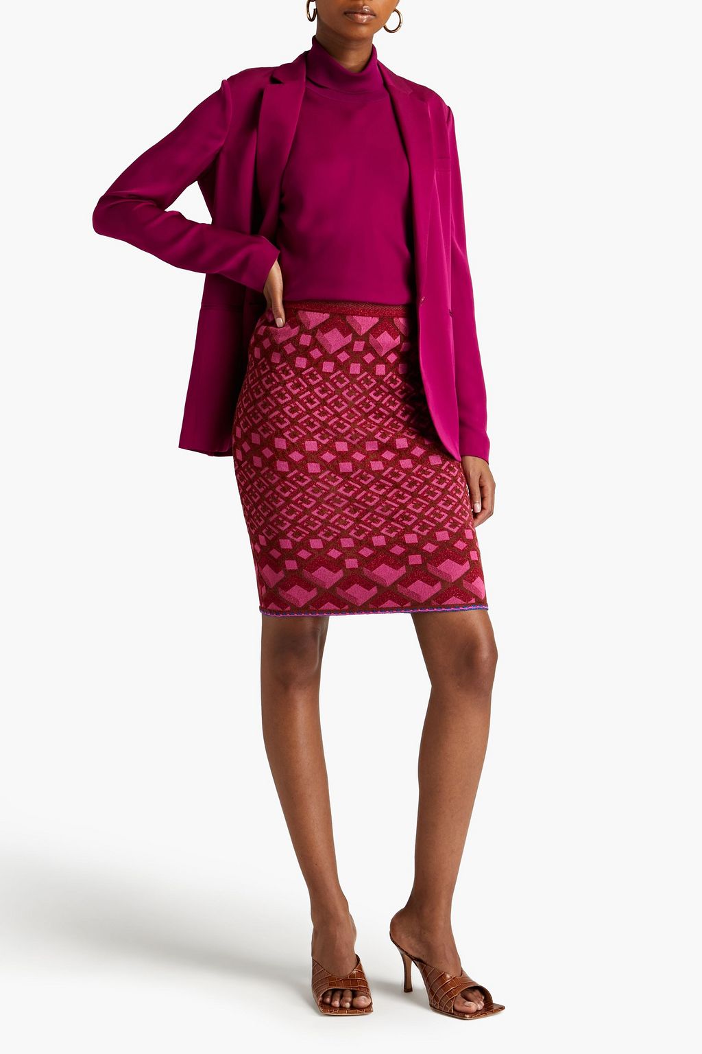 DIANE VON FURSTENBERG تنورة ضيقة قصيرة من نسيج محبوك بنمط جاكار بلون ميتاليك